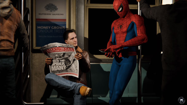 電車の中でスマホをいじっているスパイダーマン